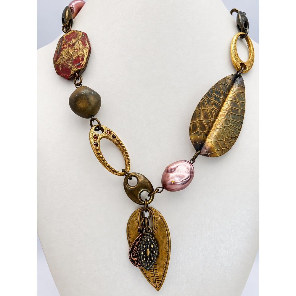 Chicos Necklace Womens OS Gold Good Mixed Media Leaf Pearl Boho Statement
